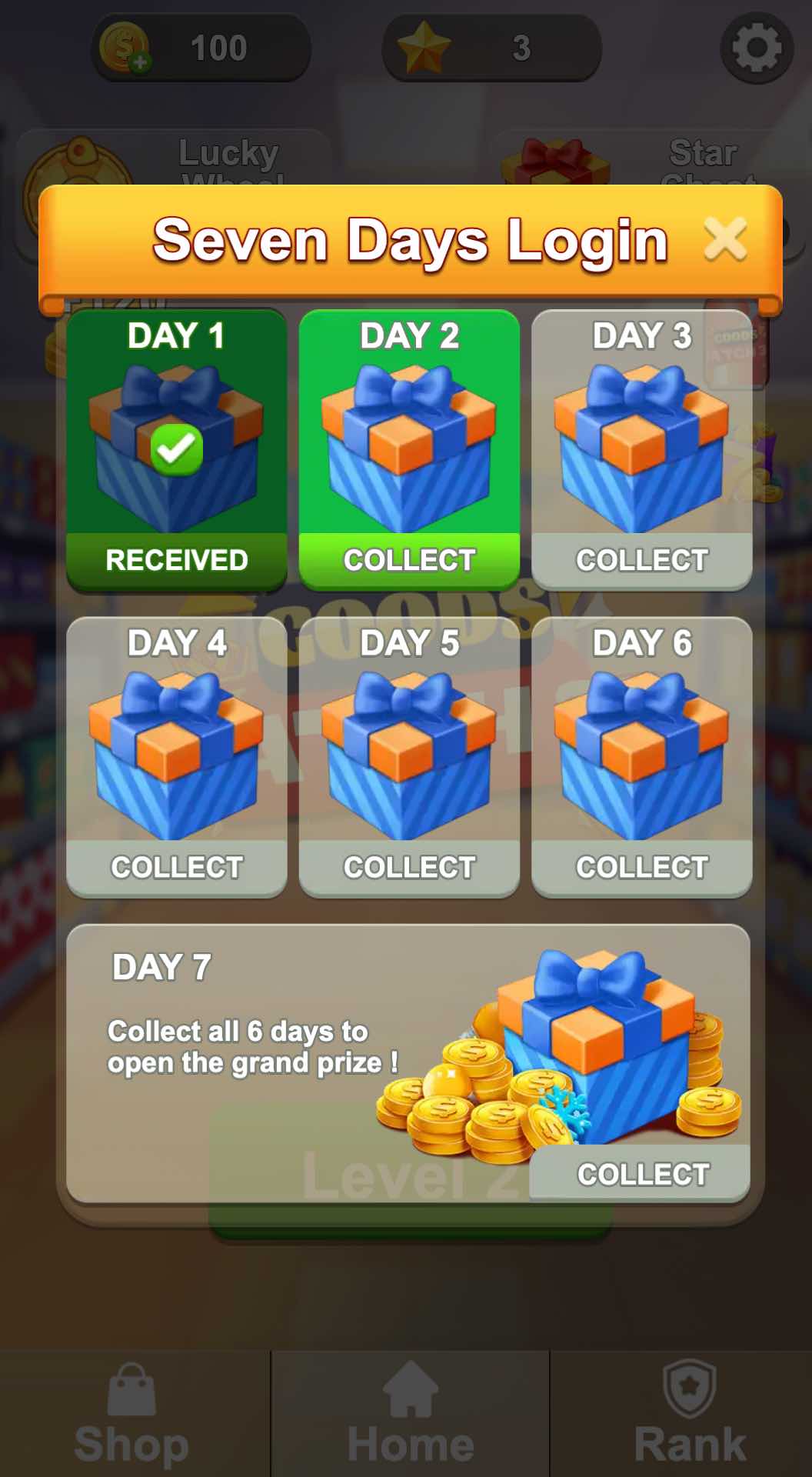 Goods Puzzle check-in interface screenshot - showing daily check-in rewards and progress